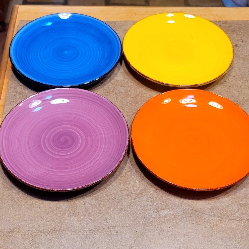 Set 4 Vancasso Stoneware Salad Plates Blue Yellow Orange Purple Spiral 7.5 Inch